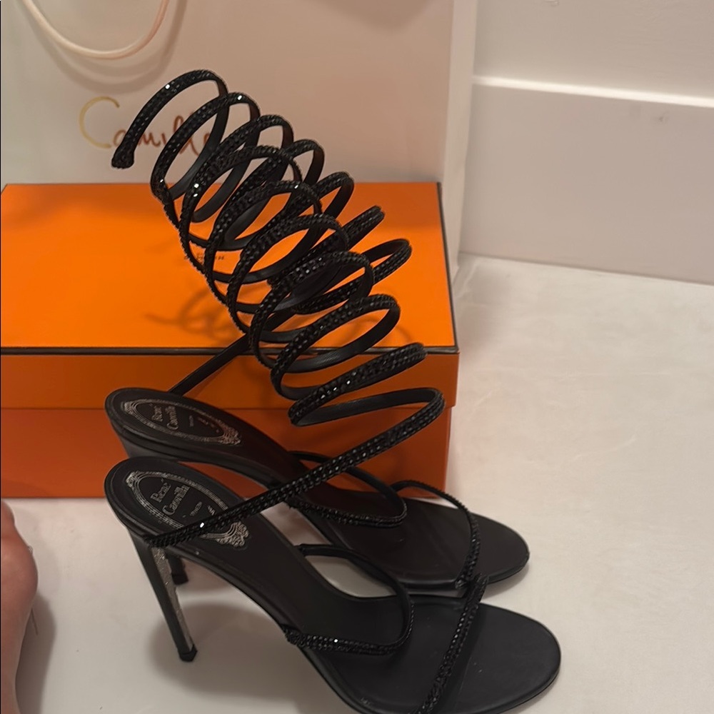 Rene Caovilla Black Strappy Heels with Stiletto